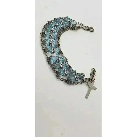 Vintage Ladder Bracelet 925 Sterling Silver Blue Crystal Clear Rhinestone Wide - Picture 9 of 12